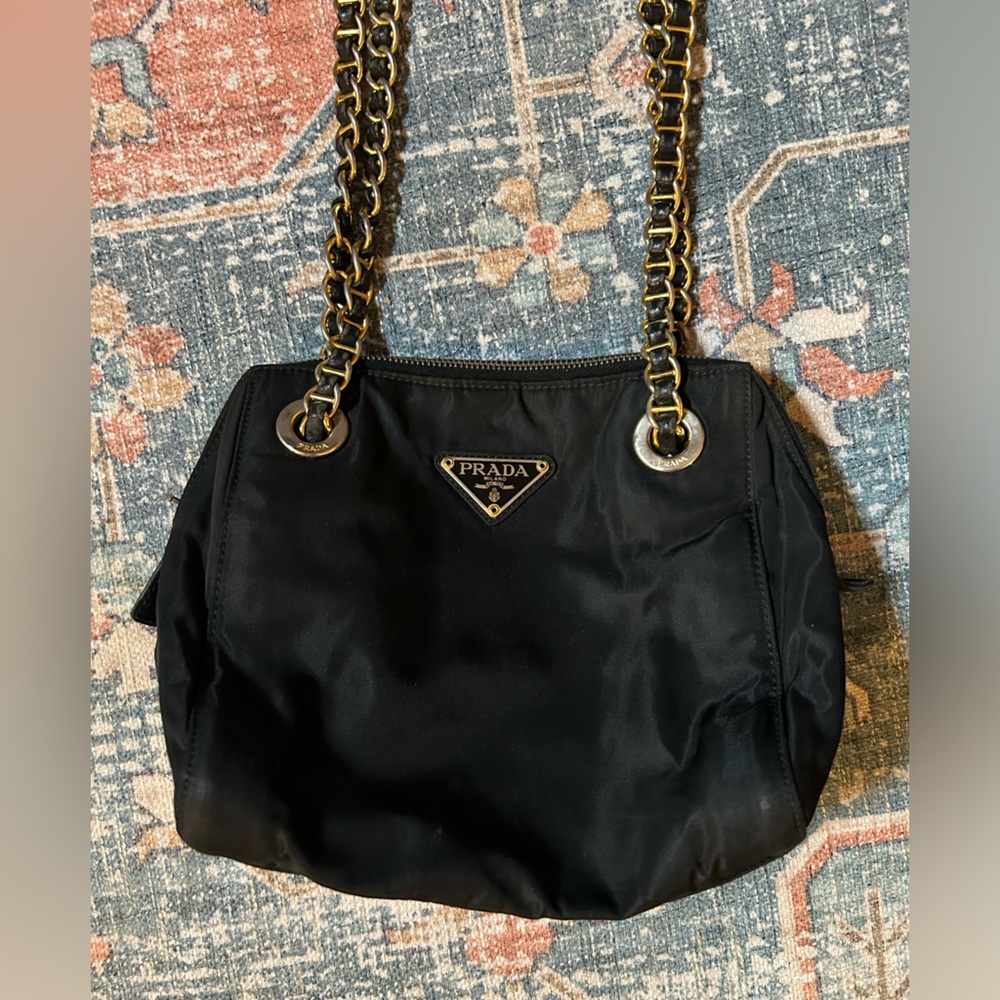 Prada Black Nylon Shoulder Bag with Gold Chain - Picture 2 of 10